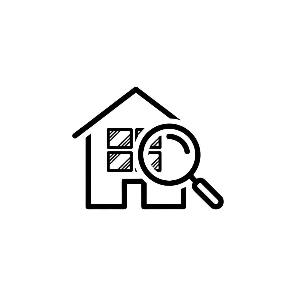 Minimal outline house icon combined with a simple magnifying glass, clean and logical composition, modern flat UI style, consistent stroke, monochrome black, no gradients, no shadows, centered on a white background. Designed for a professional apartment rental website.
